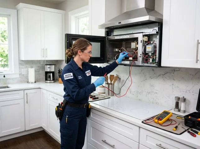 Appliance Repair Hero technician testing an over-the-range microwave in a Austinville, IA kitchen